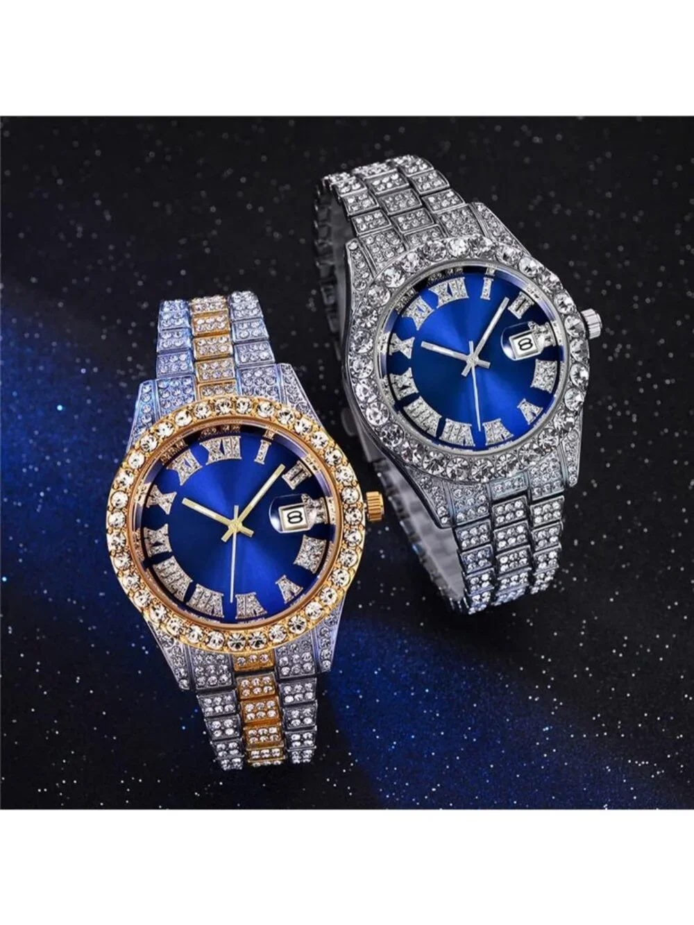 Men's Silver And Blue Analog Crystal Rhinestone Diamond Iced-Out Bracelet Watch